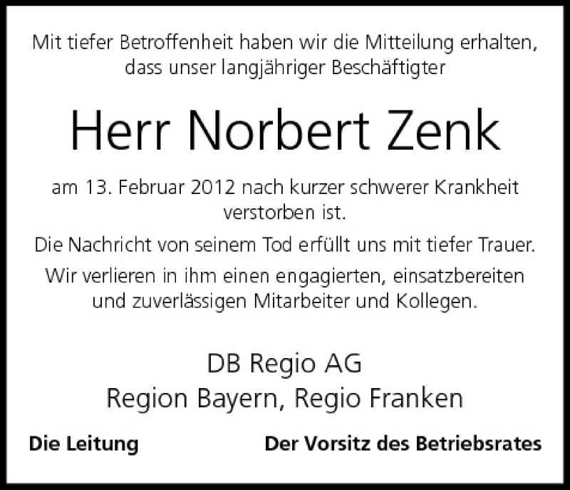  Traueranzeige für Norbert Zenk vom 16.02.2012 aus MGO