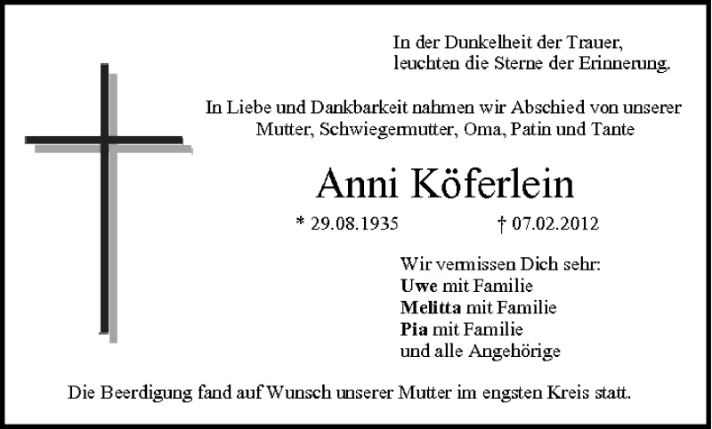  Traueranzeige für Anni Köferlein vom 18.02.2012 aus MGO