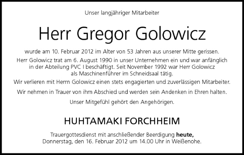  Traueranzeige für Gregor Golowicz vom 16.02.2012 aus MGO