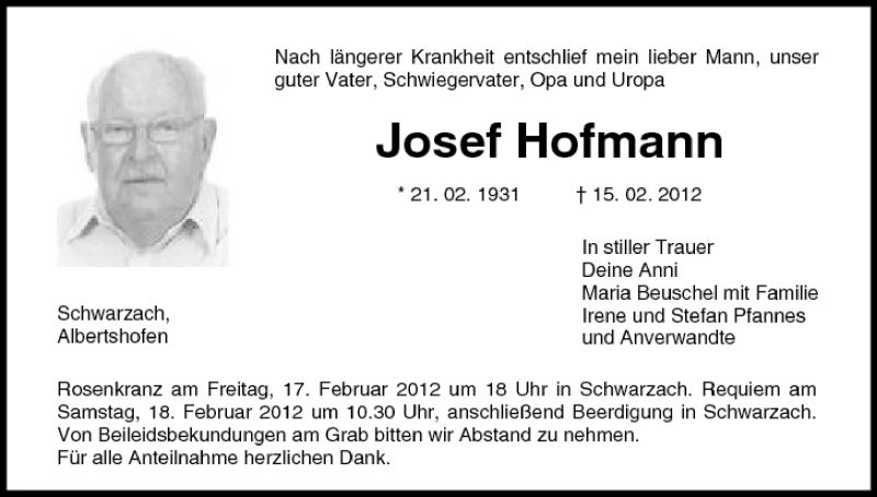  Traueranzeige für Josef Hofmann vom 16.02.2012 aus MGO
