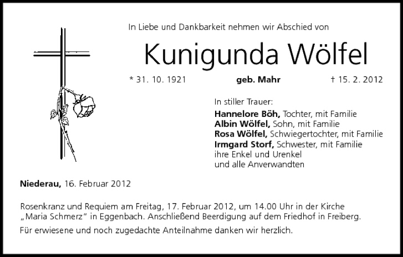  Traueranzeige für Kunigunda Wölfel vom 16.02.2012 aus MGO