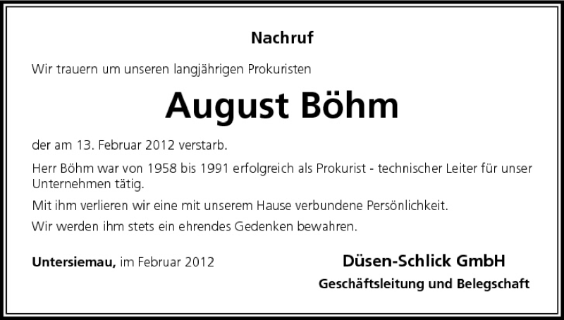  Traueranzeige für August Böhm vom 17.02.2012 aus MGO