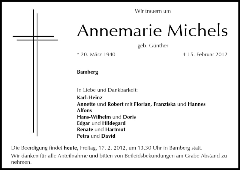  Traueranzeige für Annemarie Michels vom 17.02.2012 aus MGO