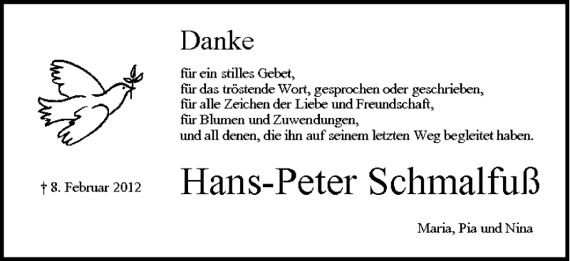 Traueranzeige für Hans-Peter Schmalfuß vom 18.02.2012 aus MGO