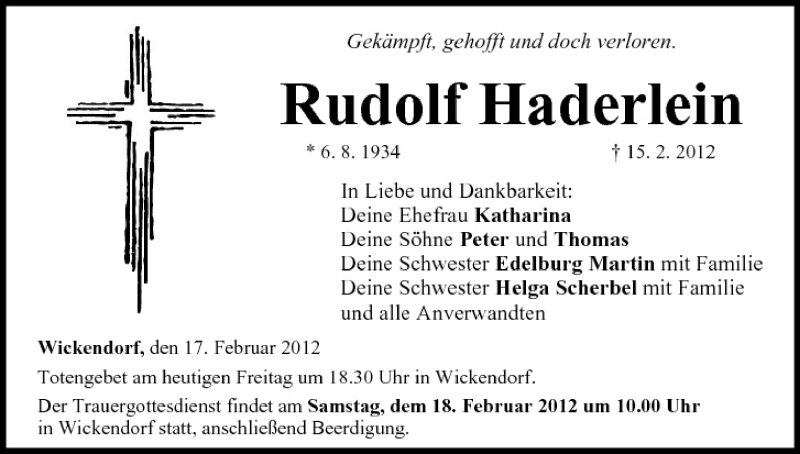  Traueranzeige für Rudolf Haderlein vom 17.02.2012 aus MGO
