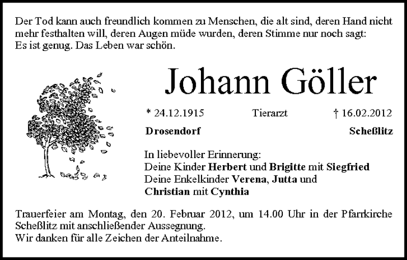  Traueranzeige für Johann Göller vom 18.02.2012 aus MGO