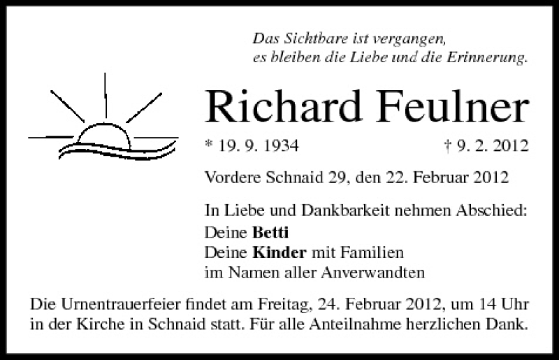  Traueranzeige für Richard Feulner vom 22.02.2012 aus MGO