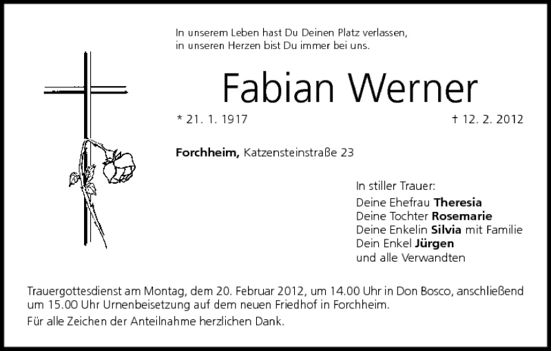  Traueranzeige für Fabian Werner vom 18.02.2012 aus MGO