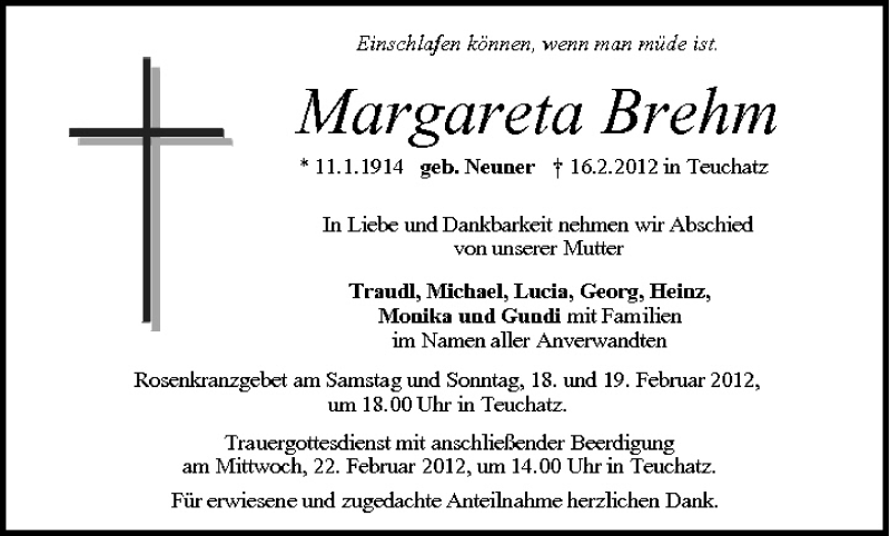  Traueranzeige für Margareta Brehm vom 18.02.2012 aus MGO
