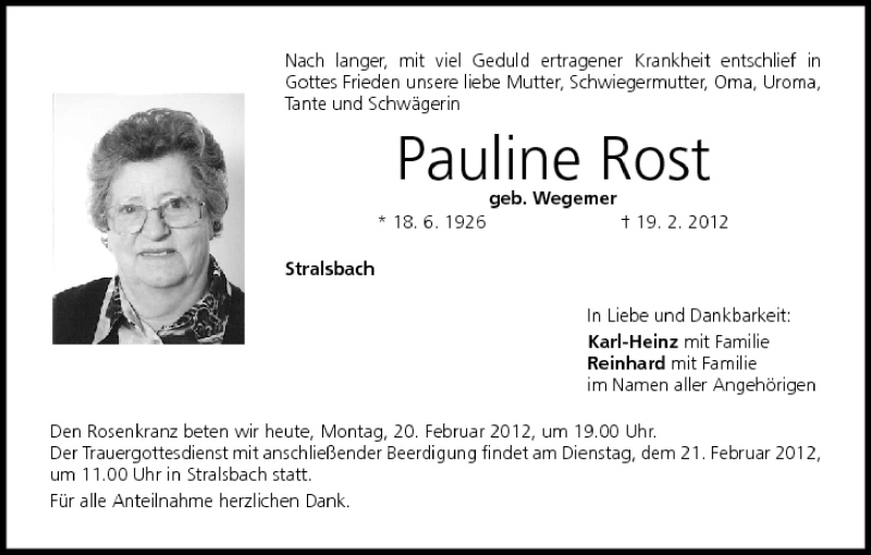  Traueranzeige für Pauline Rost vom 20.02.2012 aus MGO