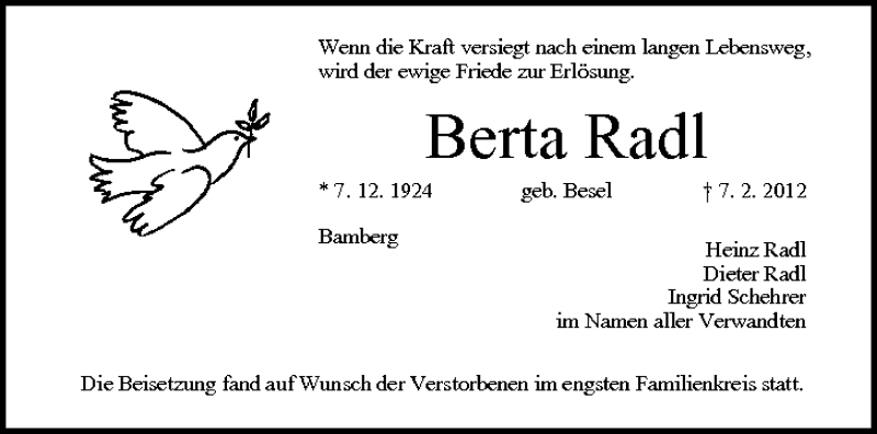  Traueranzeige für Berta Radl vom 18.02.2012 aus MGO