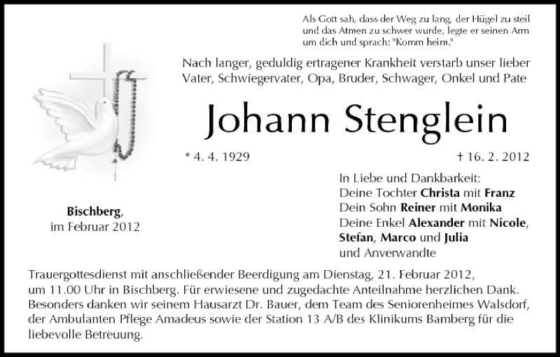  Traueranzeige für Johann Stenglein vom 18.02.2012 aus MGO
