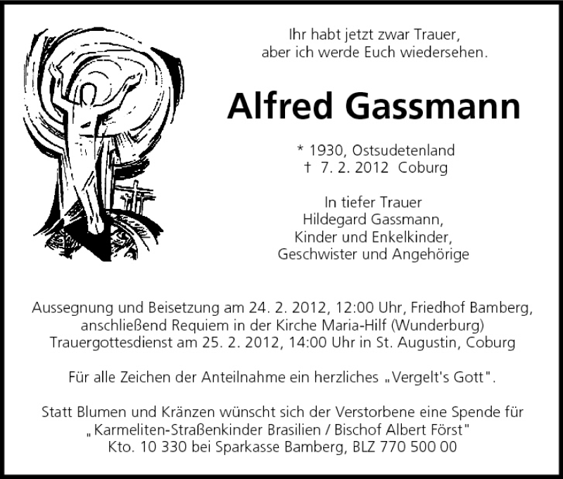  Traueranzeige für Alfred Gassmann vom 18.02.2012 aus MGO