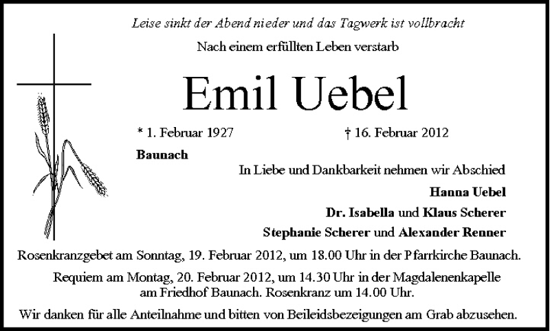  Traueranzeige für Emil Uebel vom 18.02.2012 aus MGO