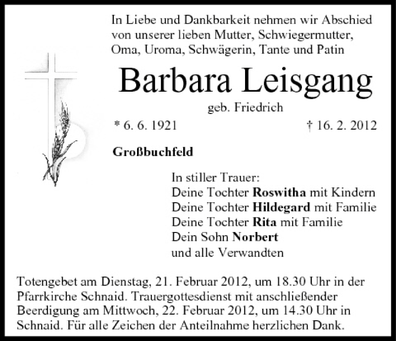  Traueranzeige für Barbara Leisgang vom 20.02.2012 aus MGO
