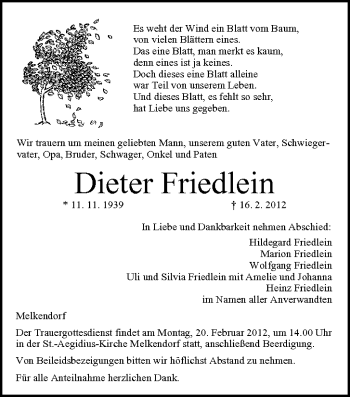 Anzeige von Dieter Friedlein von MGO