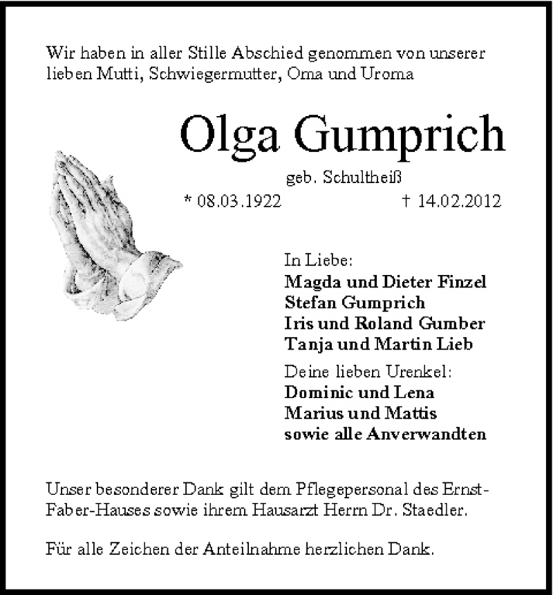  Traueranzeige für Olga Gumprich vom 21.02.2012 aus MGO