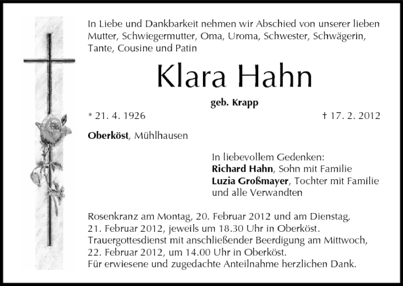  Traueranzeige für Klara Hahn vom 20.02.2012 aus MGO