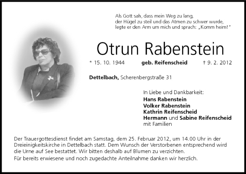  Traueranzeige für Otrun Rabenstein vom 20.02.2012 aus MGO