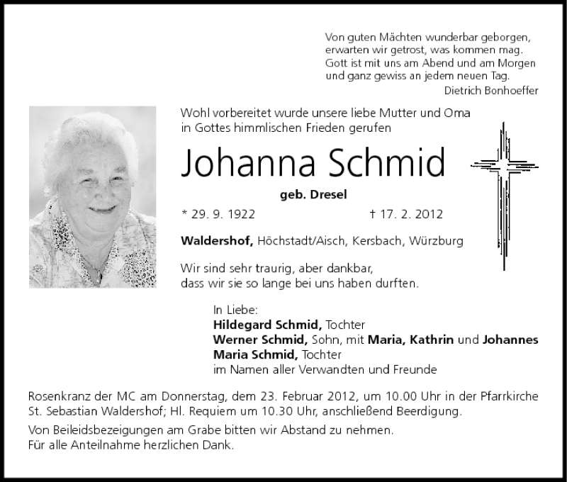  Traueranzeige für Johanna Schmid vom 21.02.2012 aus MGO