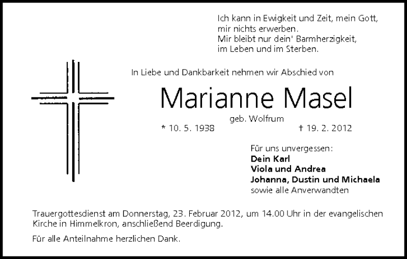  Traueranzeige für Marianne Masel vom 21.02.2012 aus MGO