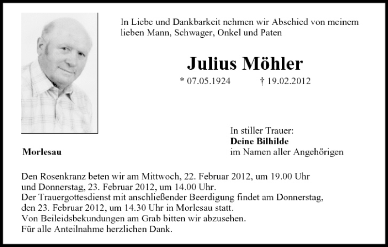  Traueranzeige für Julius Möhler vom 21.02.2012 aus MGO