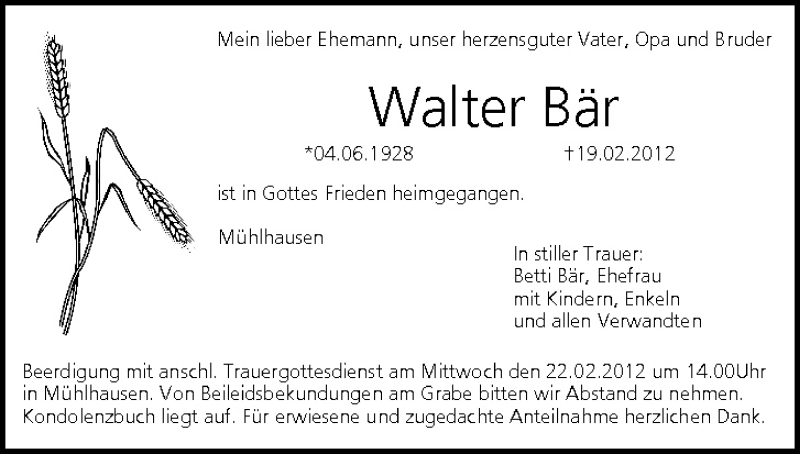  Traueranzeige für Walter Bär vom 21.02.2012 aus MGO