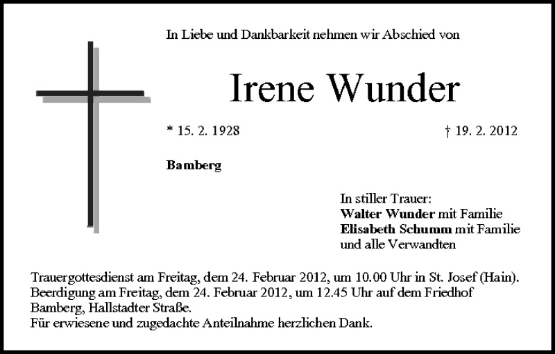  Traueranzeige für Irene Wunder vom 22.02.2012 aus MGO
