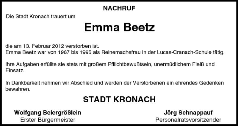  Traueranzeige für Emma Beetz vom 21.02.2012 aus MGO