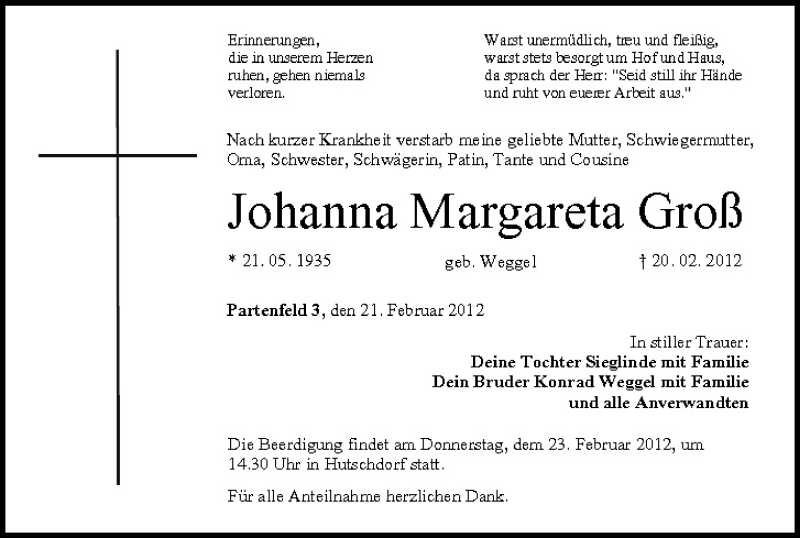 Traueranzeige für Johanna Margareta Groß vom 21.02.2012 aus MGO