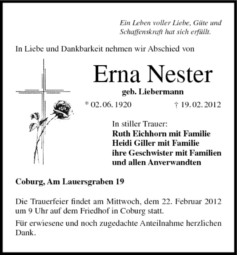  Traueranzeige für Erna Nester vom 21.02.2012 aus MGO