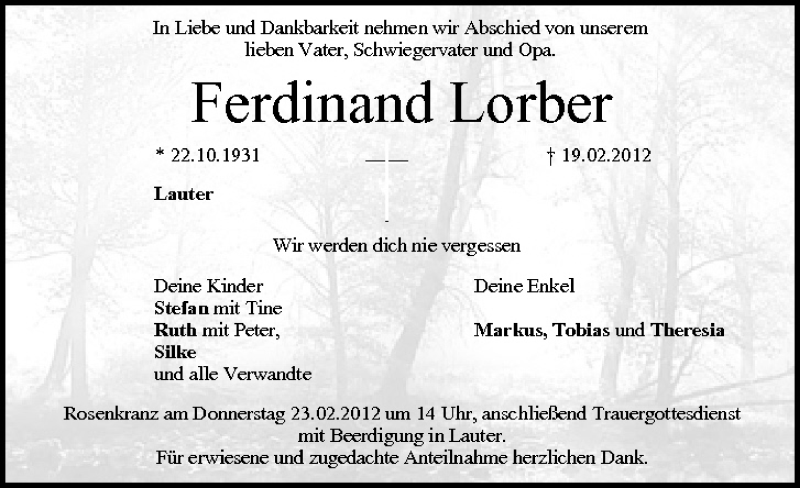  Traueranzeige für Ferdinand Lorber vom 21.02.2012 aus MGO