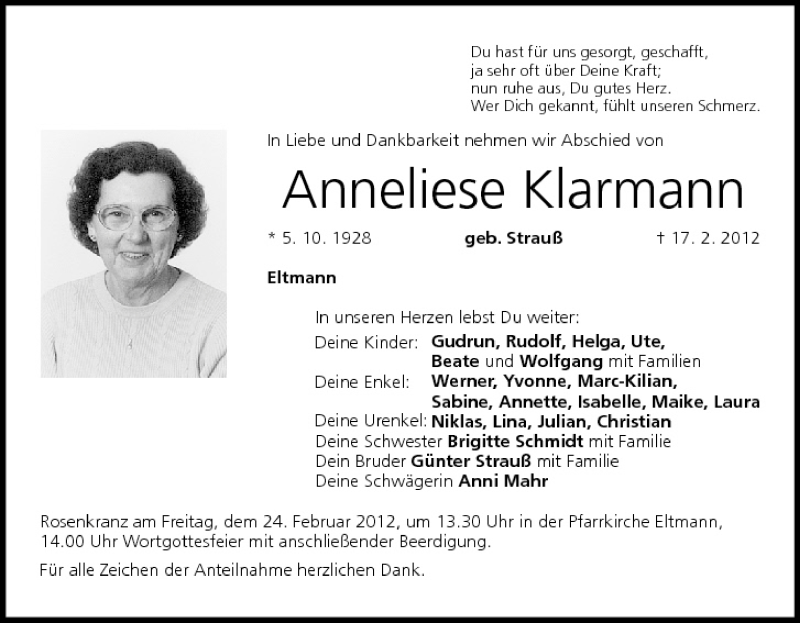  Traueranzeige für Anneliese Klarmann vom 22.02.2012 aus MGO