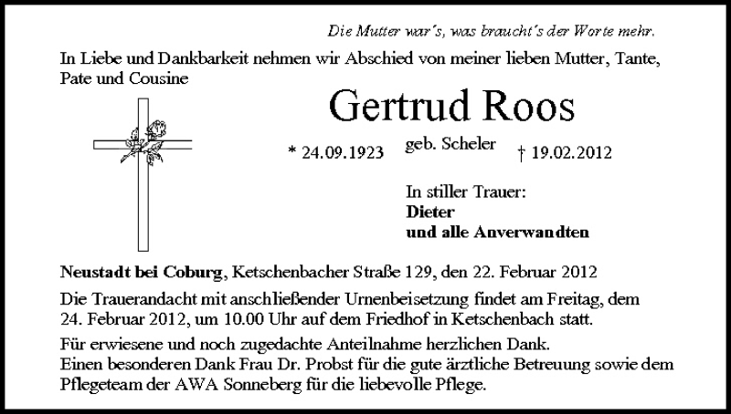  Traueranzeige für Gertrud Roos vom 22.02.2012 aus MGO