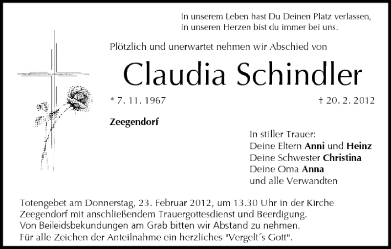  Traueranzeige für Claudia Schindler vom 22.02.2012 aus MGO