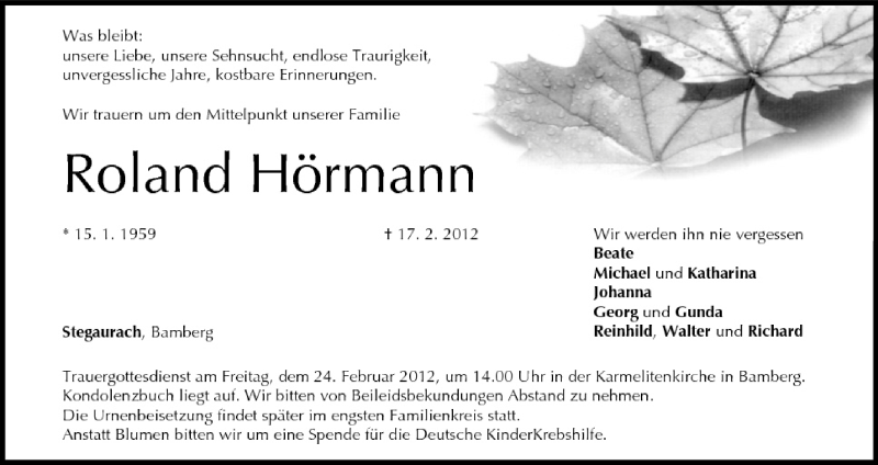  Traueranzeige für Roland Hörmann vom 22.02.2012 aus MGO