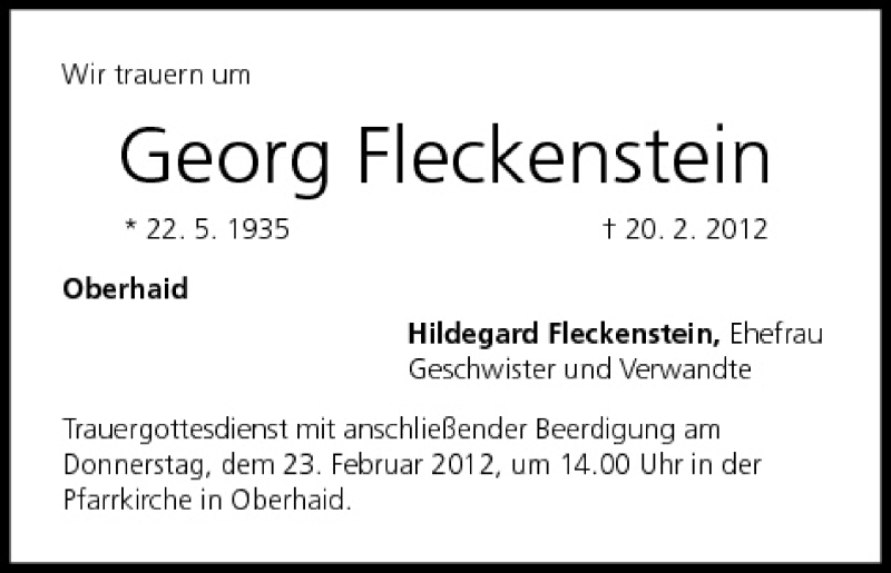  Traueranzeige für Georg Fleckenstein vom 22.02.2012 aus MGO