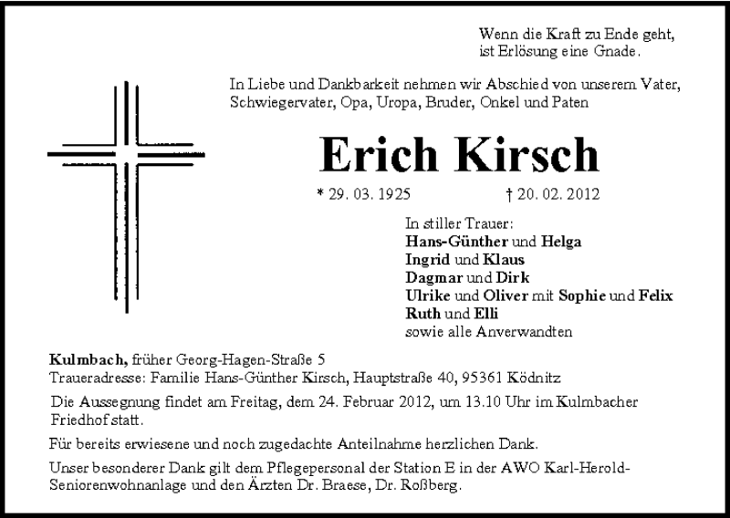  Traueranzeige für Erich Kirsch vom 22.02.2012 aus MGO