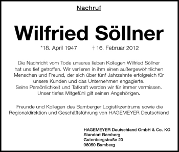 Anzeige von Wilfried Söllner von MGO