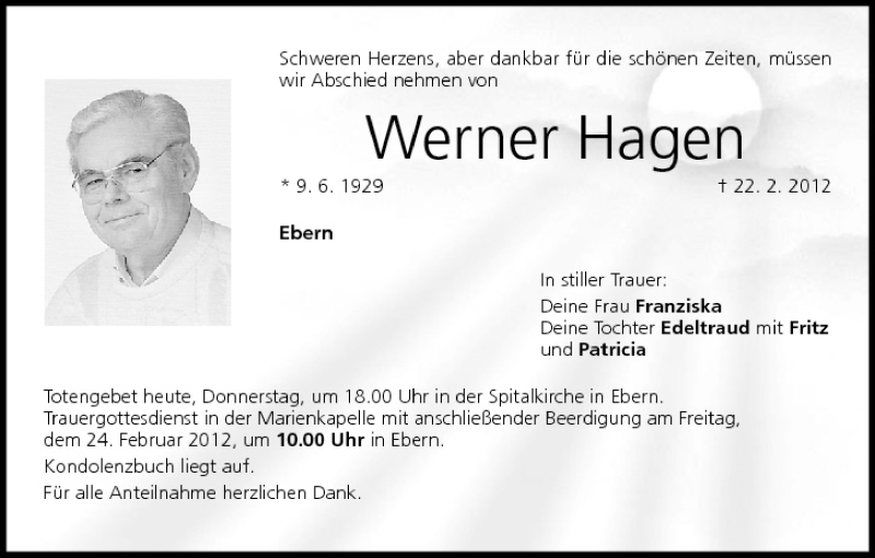  Traueranzeige für Werner Hagen vom 23.02.2012 aus MGO