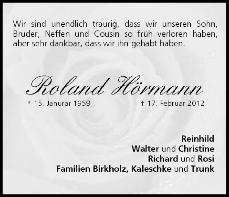  Traueranzeige für Roland Hörmann vom 23.02.2012 aus MGO