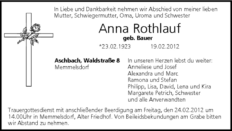  Traueranzeige für Anna Rothlauf vom 23.02.2012 aus MGO