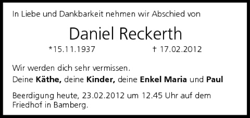  Traueranzeige für Daniel Reckerth vom 23.02.2012 aus MGO