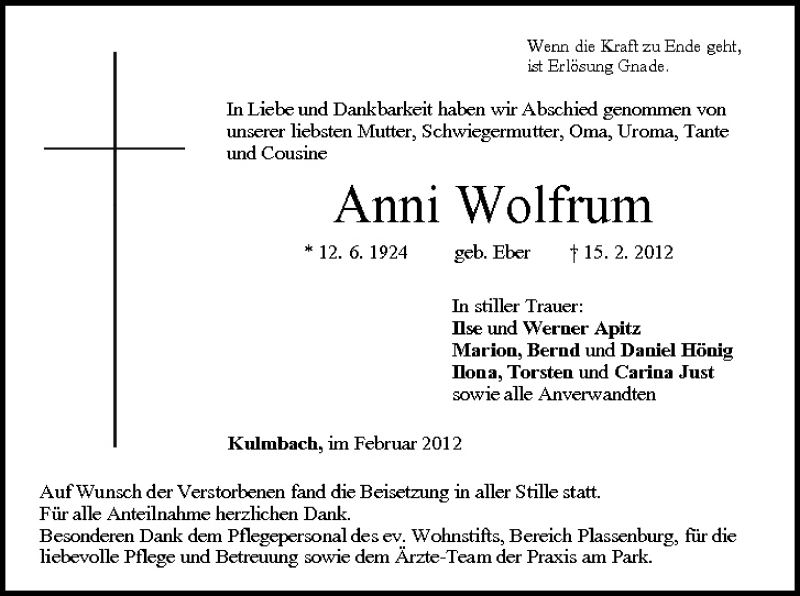  Traueranzeige für Anni Wolfrum vom 23.02.2012 aus MGO