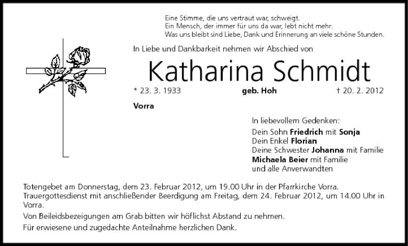  Traueranzeige für Katharina Schmidt vom 23.02.2012 aus MGO