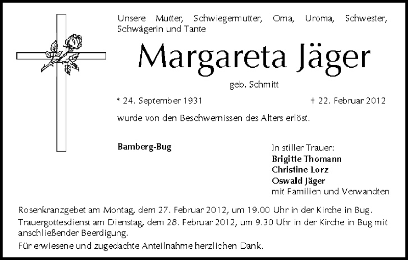  Traueranzeige für Margareta Jäger vom 25.02.2012 aus MGO