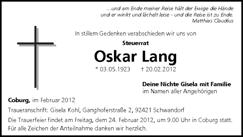  Traueranzeige für Oskar Lang vom 23.02.2012 aus MGO