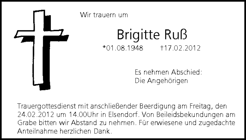  Traueranzeige für Brigitte Ruß vom 23.02.2012 aus MGO