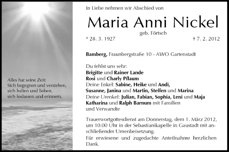  Traueranzeige für Maria Anni Nickel vom 25.02.2012 aus MGO