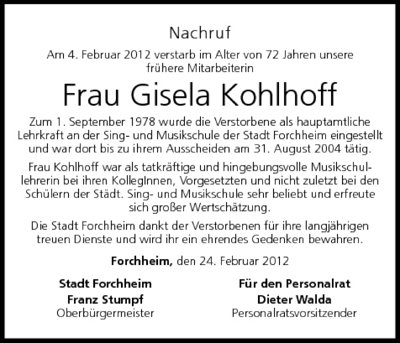  Traueranzeige für Gisela Kohlhoff vom 24.02.2012 aus MGO